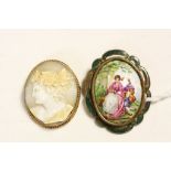 9CT Gold mounted cameo brooch and one other with painted group of lovers