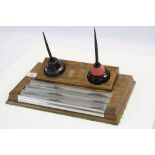 Art Deco 1930's Teak Desk Stand / Standish with Two Black Glass Inkwells for Red and Black Ink,