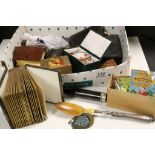 Box of mixed collectables to include; CDV Album, boxed Seal set, Leather cased Glass drinking glass,