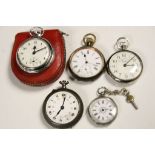 Five vintage Pocket watches to include a Hallmarked Silver fob example with floral Painted Enamel