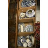 Four boxes of mixed Ceramics, mainly blue & white & including 19th Century & Willow Pattern meat