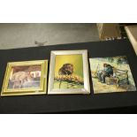 Three Phillip King oil paintings to include Harvest Mouse, Dog and a seated drunk