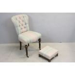 19th century Chair with modern pink and green striped button back upholstery raised on reeded turned