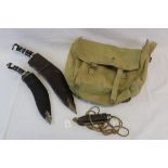 A Collection Of Military Related Items To Include A Small Military Issued Kit Bag, Two Vintage Kukri