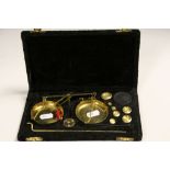 Velvet cased set of Indian Brass Scales with weights, tweezers & stand