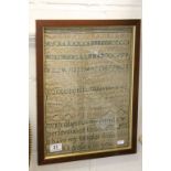 Oak framed & glazed Sampler dated 1802, measures approx 41 x 30cm
