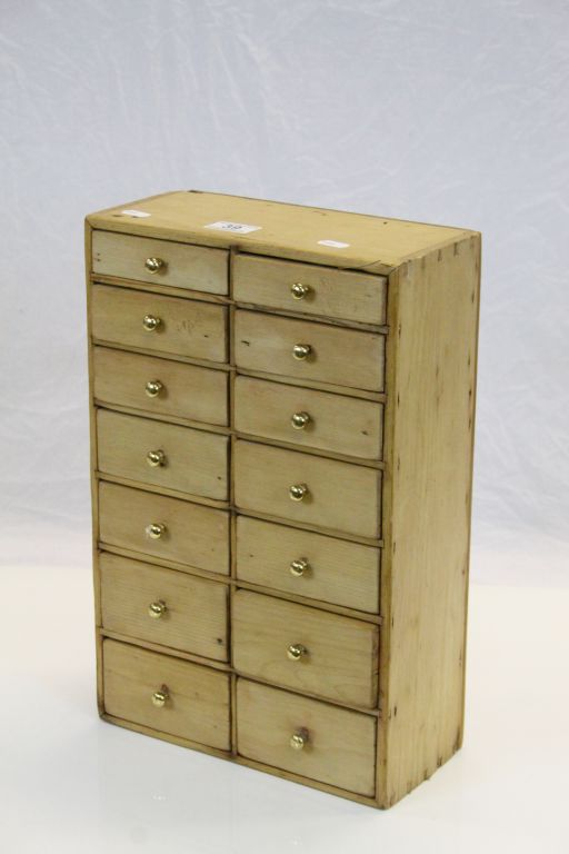 Vintage Stripped Pine tabletop set of 14 Drawers with contents to include two Georgian Hallmarked