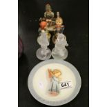 Three Goebel child figurines, two similar glass figures and a Goebel plate with embossed angel