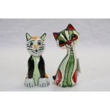 Two hand painted Ceramic Cats by "Lorna Bailey", the tallest approx 14.5cm