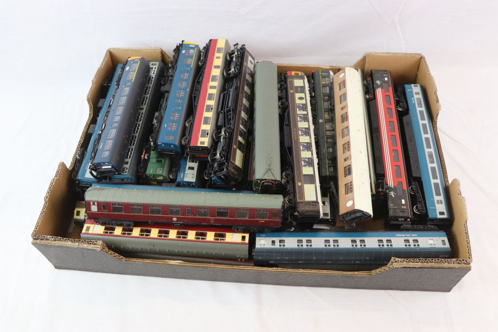 35 OO gauge items of rolling stock, all coaches and cars, to include Hornby, Mainline etc