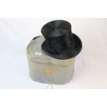 Vintage silk top hat with matched cardboard hat box