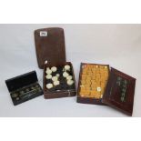 Leather cased set of vintage Dominoes, Wooden cased Mah Jong set in Bamboo & bone and a cased