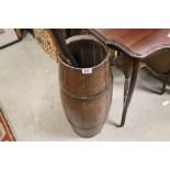 Coopered Oak barrel Stick stand, approx 68.5cm tall with copy Flintlock double barrel Shotgun, two