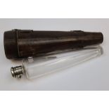 Leather cased Hallmarked Silver & glass tapered Stirrup Flask, "Thomas Jones London 1882", approx