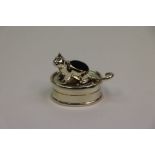 Silver pill box and pincushion with cat figure to the lid