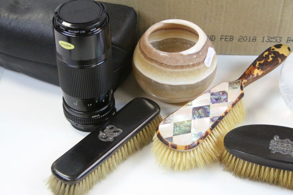 Box of mixed collectables to include Camera equipment, shoe Brushes, Kosta Boda glass tea light - Image 2 of 5