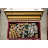 Wooden box of painted Plaster Chess figures, all modelled as Animals