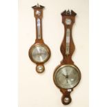 Large vintage Wooden cased Barometer with stringing, with silvered dial and Thermometer above, maker