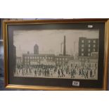 Framed L S Lowry print, figures in an industrial landscape