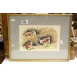 A framed and glazed watercolour of cattle signed Nora Howarth.