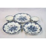 Three 18th Century scalloped edge Worcester blue and white dishes and two similar tea bowls possibly