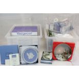 Three boxes of mainly Wedgewood ceramic Collectors Plates & a box of mixed Ceramics & Glass to