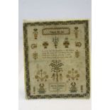 19th Century unframed Sampler with Adam & Eve and dated 1834, measures approx 40 x 33.5cm with board