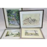 Four framed watercolours to include rural scenes