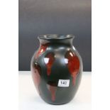 Poole Pottery ceramic Vase in Black with drip red Lava abstract pattern & raised dolphin mark to