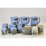 Collection of 19th Century Prattware ceramics to include; three Blue Jugs, Blue Potted meat jar with