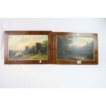 Pair of Walnut veneer framed Oil on board Landscapes, one depicting a Ruin or Folly & signed F R