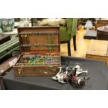 Wooden tackle box containing over 50 vintage stick floats and other tackle plus four fresh water