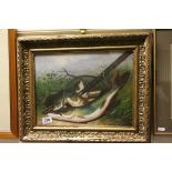 Ornate gilt framed oil painting of fresh water fish on a river bank