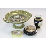 A collection of Prattware to include a large Pratt Tazza, a powder bowl & lid with scene, a