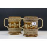 Large pair of vintage "Copeland" brown glazed twin handled Loving cup or Cider mugs with repeated
