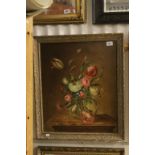Oil on canvas still life flowers in a glass vase on table indistinctly signed