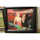 Studio framed signed oil painting figures in an Art Deco bar