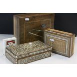 Three vintage Wooden Boxes to include an Oilve wood Writing box approx 25 x 20 x 8cm, Indian box