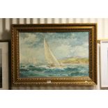 Margaret Whittington oil on board racing yachts in a rough sea, titled verso Sea Spray, signed