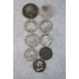 Mixed vintage UK Silver coinage to include George III Crown, Victorian double Florin, three half