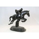 Large contemporary bronze horse with lady rider