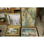 Group of paintings to include impressionist garden scene, similar street scenes and an oil