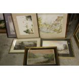 Group of watercolours and pictures to include paintings by Ken Starke and a pastel of a harbour