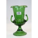 Green glass two handled vase