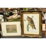 Original watercolour over ink painting of long eared owl 1923 signed possibly R.Weekly in gilt frame