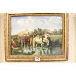 Oil on panel scene country folk with horses and cart at Harvest, signed