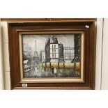 Signed oil painting view of Paris at Dusk with figures strolling