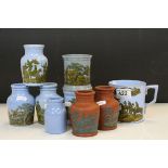 A collection of Prattware to include 6 blue fish / meat paste jars, 2 brown fish / meat paste jars