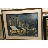 John Rees watercolour figures in a street scene with steam locomotive, signed