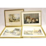 Four Gilt framed & glazed pictures to include two Village scene Watercolours, a Landscape